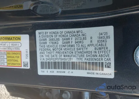 2025 Honda Civic Sport z USA, uszkodzony, nr VIN 2HGFE2F57SH591261